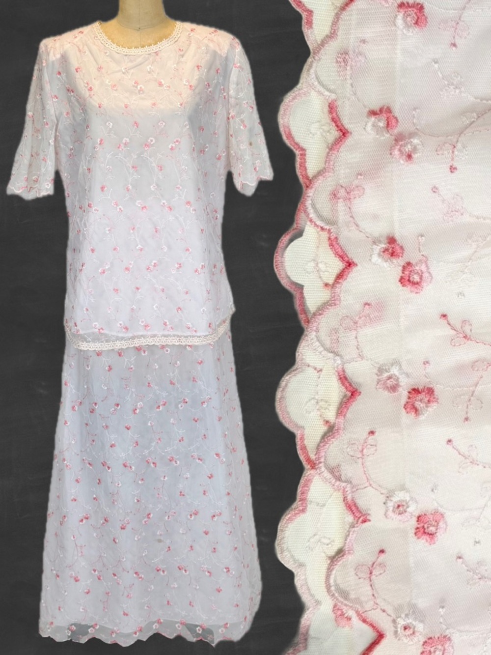 VINTAGE chiffon floral embroidery 2 piece dress maxi skirt top formal dressy 80s